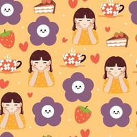 seamless pattern hand drawing cartoon girl and cute element. for fabric print, textile vector