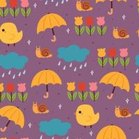 seamless pattern hand drawing cartoon rain, umbrella, flower and animal. for fabric print, textile vector