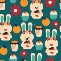 seamless pattern hand drawing cartoon bunny and flower. animal drawing for fabric print, textile, gift wrap paper vector