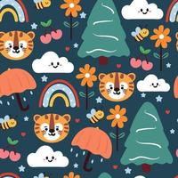 Seamless pattern cute cartoon tiger and plant. vector illustration for kids wallpaper, fabric print, gift wrapping paper