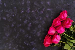 ramo de rosas rosadas sobre fondo oscuro. vista superior