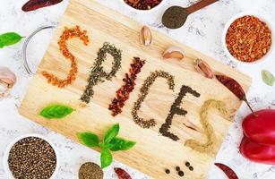 Different spices on white background. Top view photo