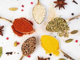 Set of spices in spoons top view. Paprika, curry, Bay leaf, anise and other seasonings photo