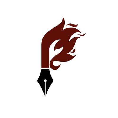letter p logo with combination pen art and flame