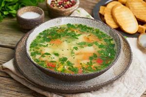 Rustic chicken soup with garnish, parsley, vegetables, homemade dish on old dark table, side view