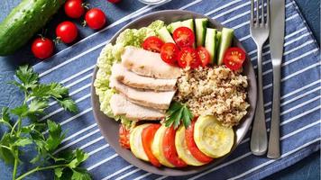 Healthy vegetable buddha bowl lunch with turkey, vegetables and photo