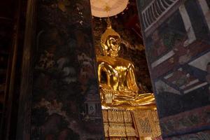 The asia giant golden buddha statue, The ancient art sculpture, The sign of Buddhism, The asian drawing art architecture background.