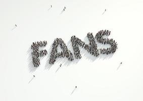 Aerial shot of a crowd of people forming the word 'Fans'. Concept for how people follow each other on social networks and social media channels, websites, chat rooms and news groups.