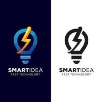 smart idea and fast technology logo, fast idea, thunder bulb logo design with black version vector