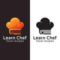 aprenda el logotipo del chef, el chef del libro, el logotipo degradado de recetas de comida con la versión en negro vector