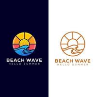 Beach wave with sunrise logo design and line art logo version vector