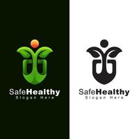 safe healthy logo, human leaf with shield logo design two version vector