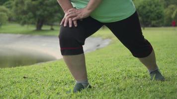Übergewichtsfrau, die ihre Beine von Hand zu Knie streckt, stehende Beine streckt, sich nach dem morgendlichen Training im Park im Freien abkühlt, gesundes Leben im Alter, Unterkörperabschnitt, Ausfallschritt im Stehen übt video