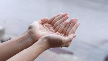 due mani che tengono la pioggia che cade, giornata piovosa, stagione tempestosa, piove sul palmo, rallentatore della stagione delle piogge, sul lato della strada, condensazione umida dell'aria, misurazione della pioggia acida, primo piano isolato video