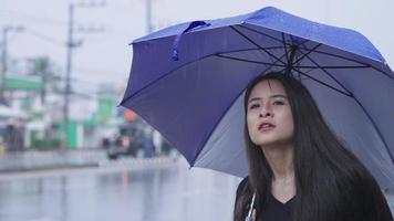 Young asian woman holding blue umbrella standing alone on the street side, waving hands calling or hitchhiking waiting for taxi or public transport service to pick up, girl with expectation video