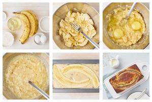 Banana bread. Collage, step by step recipe. Cake with banana. American cuisine