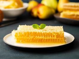 honey in honeycomb, close-up, on white ceramic plate, on wooden rustic table, side view, sunlight photo