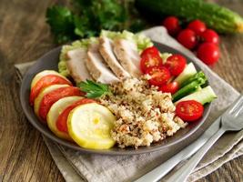 Healthy vegetable buddha bowl lunch with turkey, vegetables and photo