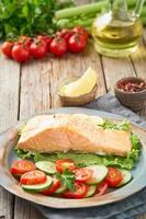 salmón al vapor y verduras, paleo, keto, dieta fodmap. vista lateral, verticales foto
