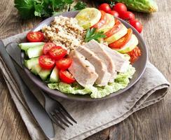 Healthy vegetable buddha bowl lunch with turkey, vegetables and photo