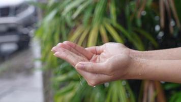 Closeup on hands movement, young white skin hands collecting a water or raindrops, seasoning concept, touching a power of nature, refreshing activity, clear water splashing out of human palms slowly video