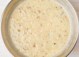 Dough for cake. Step by step recipe. Homemade Banana bread. Top view, a white table. photo