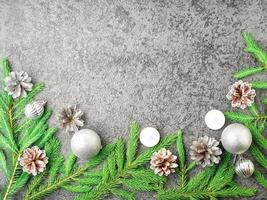 Christmas and Happy New Year gray stone background. Top view, copy space, military stile.