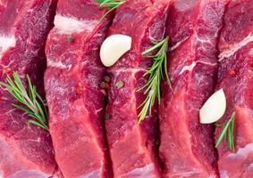 background of fresh raw sliced beef steaks, garlic, rosemary and seasonings. Juicy meat banner photo