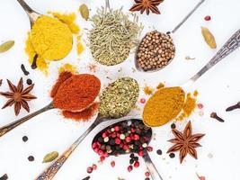 Set of spices in spoons top view. Paprika, curry, Bay leaf, anise and other seasonings photo