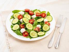 Fresh salad with tomatoes, cucumbers, arugula, mozzarella. Oil with spices, side view, white background