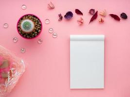 flor suculenta, bloc de notas, hojas secas y caja de regalo sobre fondo rosa brillante, vista superior, espacio de copia