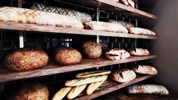 Fresh bread on shelves in bakery