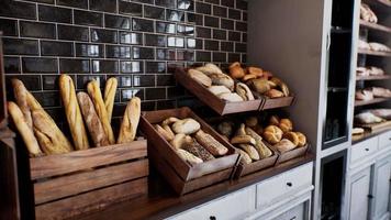 Fresh bread on shelves in bakery