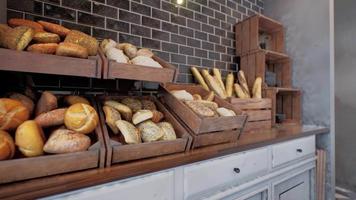 vers brood op planken in bakkerij video