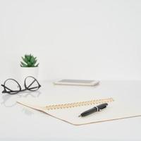 Work Space on white wall background, School or University Concept photo