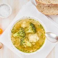 Broccoli soup, healthy spring vegetable dietary vegetarian dish, top view, close up, top view photo