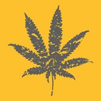 Dark gray hemp leaf with a grunge texture isolated on an yellow background. vector