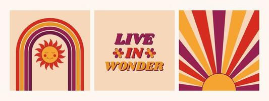 70s retro posters collection. Abstract geometric colorful backgrounds with Live in Wonder quote. vector