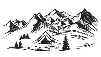 Camping in nature, Mountain landscape, sketch style, vector illustrations.