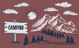 Camping time in nature, Mountain landscape, sketch style, vector illustrations.