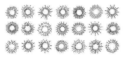 imágenes de rayos solares sobre fondo negro. conjunto de iconos dibujados a mano de fuegos artificiales. vector.