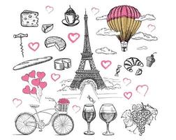 French icons, set of hand drawn style, Paris sketch illustration, vector. vector