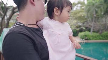 Asian young Father and baby girl, standing looking around the park, small kid child care parenting, child education development, emotion expression behavior, family bonding single parenting video