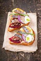 Sándwich de pan de centeno con arenque, remolacha, cebolla y huevo foto