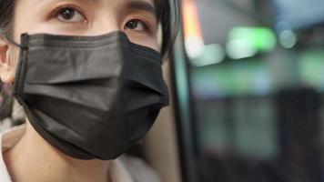 primo piano una giovane donna asiatica che indossa una maschera protettiva nera in piedi accanto al finestrino della porta del treno. corona covid-19 malattia pandemica, sicurezza sociale, trasporti pubblici, modello guarda la fotocamera