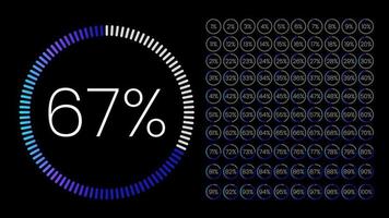 Set of circle percentage meters from 0 to 100 for infographic, user interface design UI. Gradient pie chart downloading progress from purple to blue in black background. Circle diagram vector.