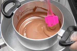 Cooking pot with chocolate melting being removed by chef hand on the stove of a kitchen to make sweet desserts. Bulk chocolate melting in a pot. photo