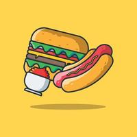 deliciosas ilustraciones de dibujos animados de hamburguesas y perritos calientes