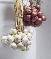 Garlic tied together hanging in a bunch and red onion on white background photo