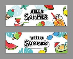 hola diseño de banners de verano estilo dibujado a mano. verano con garabatos y elementos de objetos para el fondo de la fiesta en la playa. vector